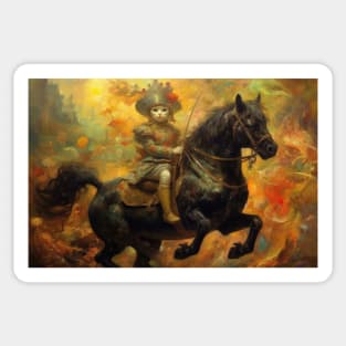 Cat Riding A Black Stallion Fine Art Painting Sticker